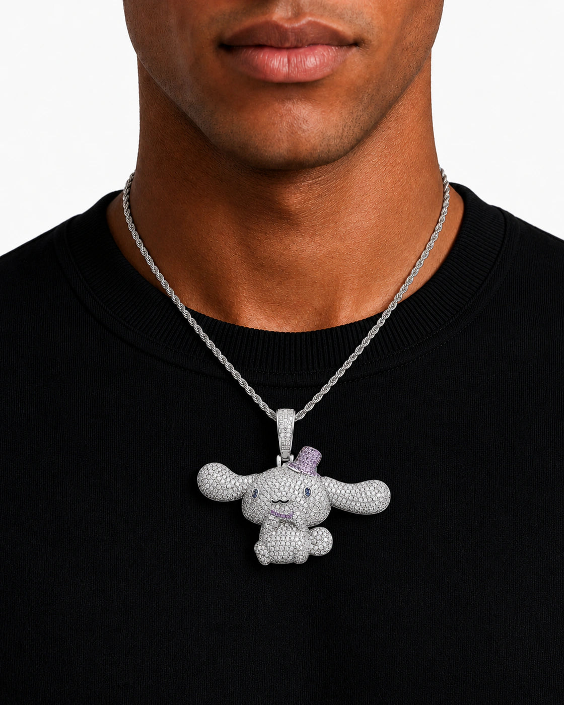Iced CZ Long-Ear Character Pendant Necklace