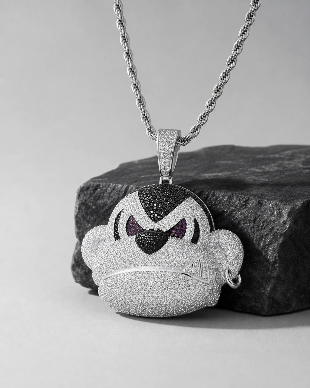 Iced CZ Scowling Cartoon Face Pendant Necklace