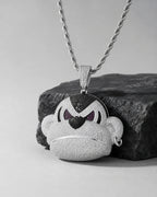 Iced CZ Scowling Cartoon Face Pendant Necklace