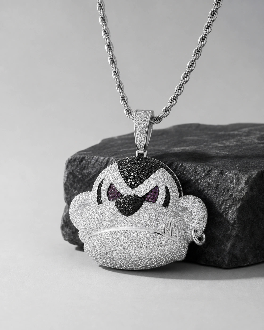Iced CZ Scowling Cartoon Face Pendant Necklace