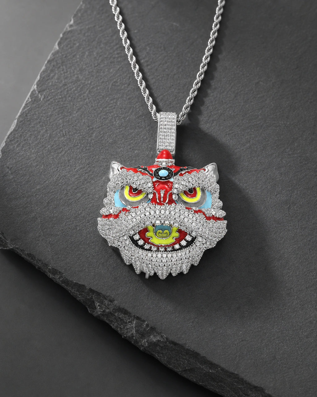 Iced CZ Lion Dance Head Pendant Necklace