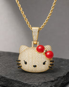 Iced CZ Pave Cat Face Red Bow Pendant Necklace