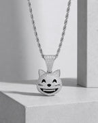 Iced CZ Grinning Cat Pendant Necklace