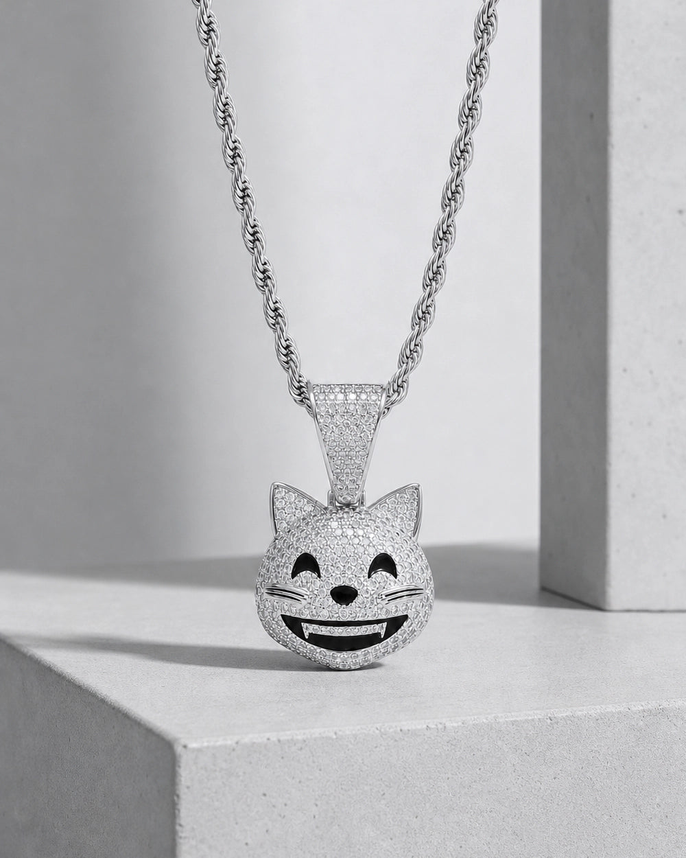 Iced CZ Grinning Cat Pendant Necklace