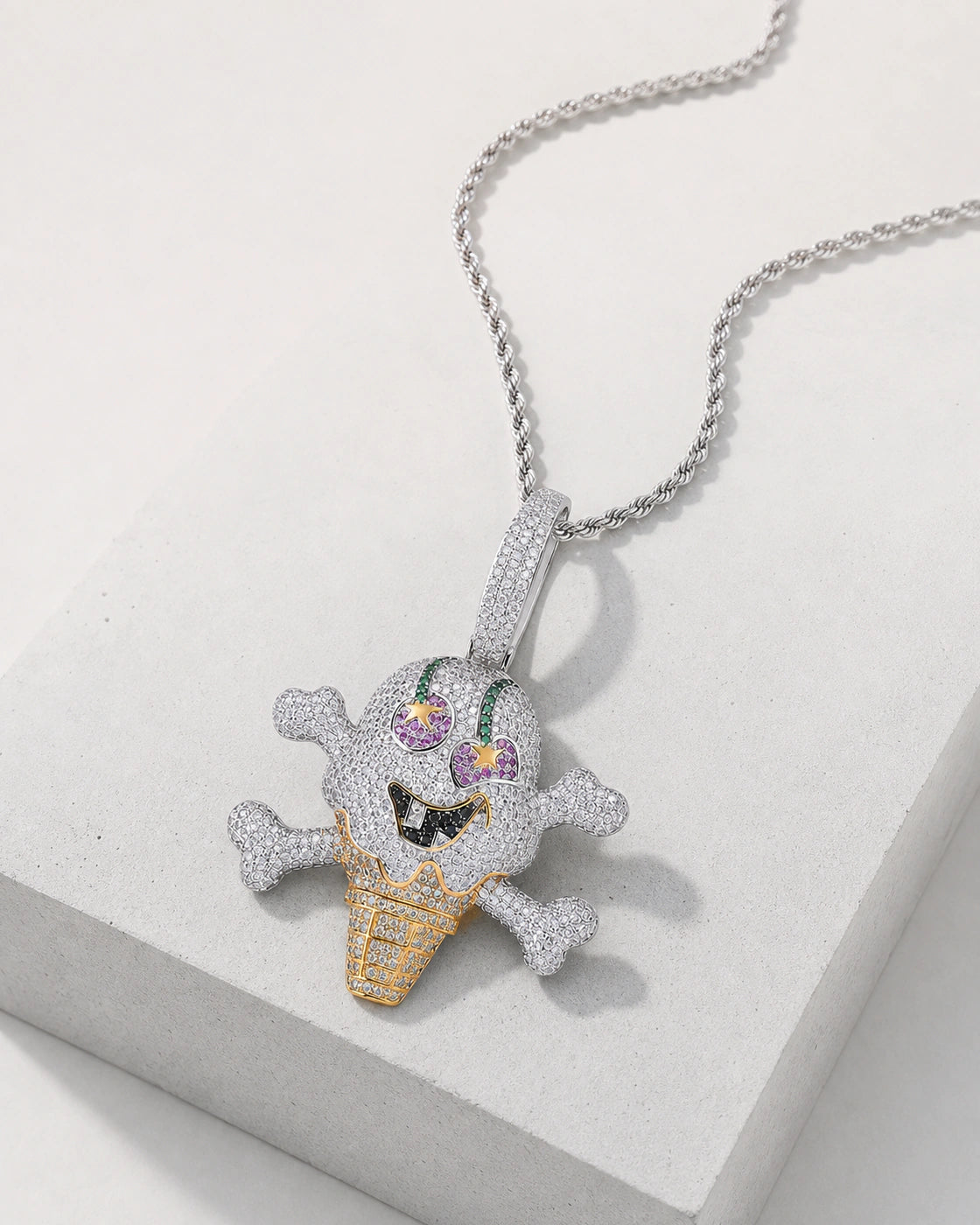 Iced CZ Skull Ice Cream Pendant Necklace