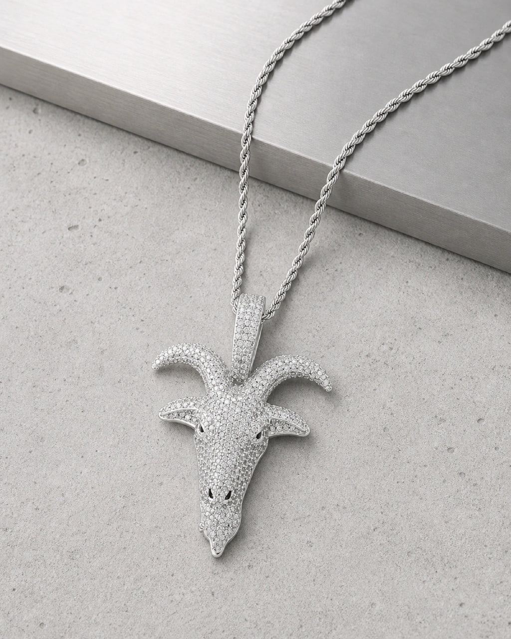 Iced CZ Pave Horned Goat-Head Pendant Necklace