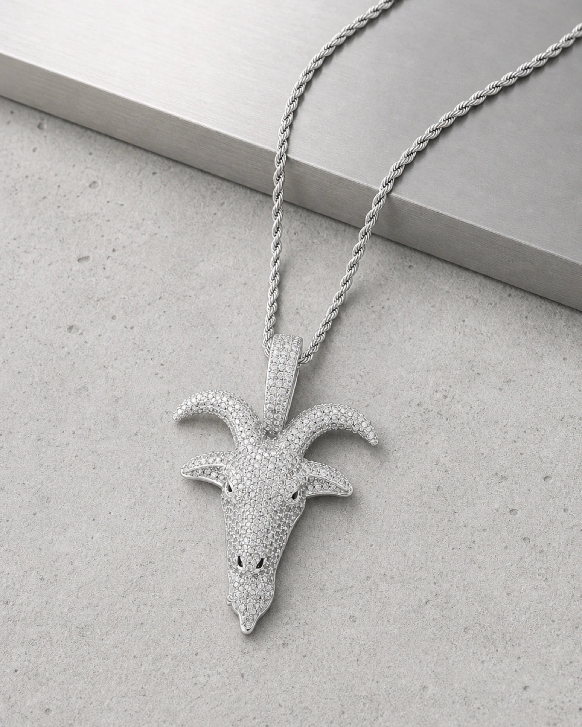 Iced CZ Pave Horned Goat-Head Pendant Necklace