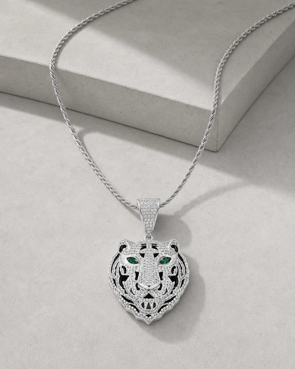 Iced CZ Tiger Head Pendant Necklace