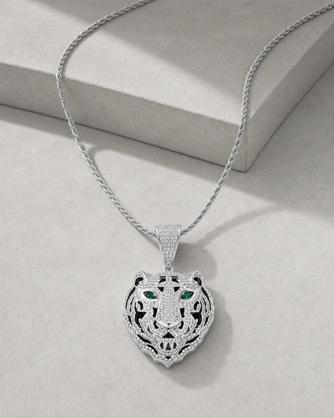 Iced CZ Tiger Head Pendant Necklace