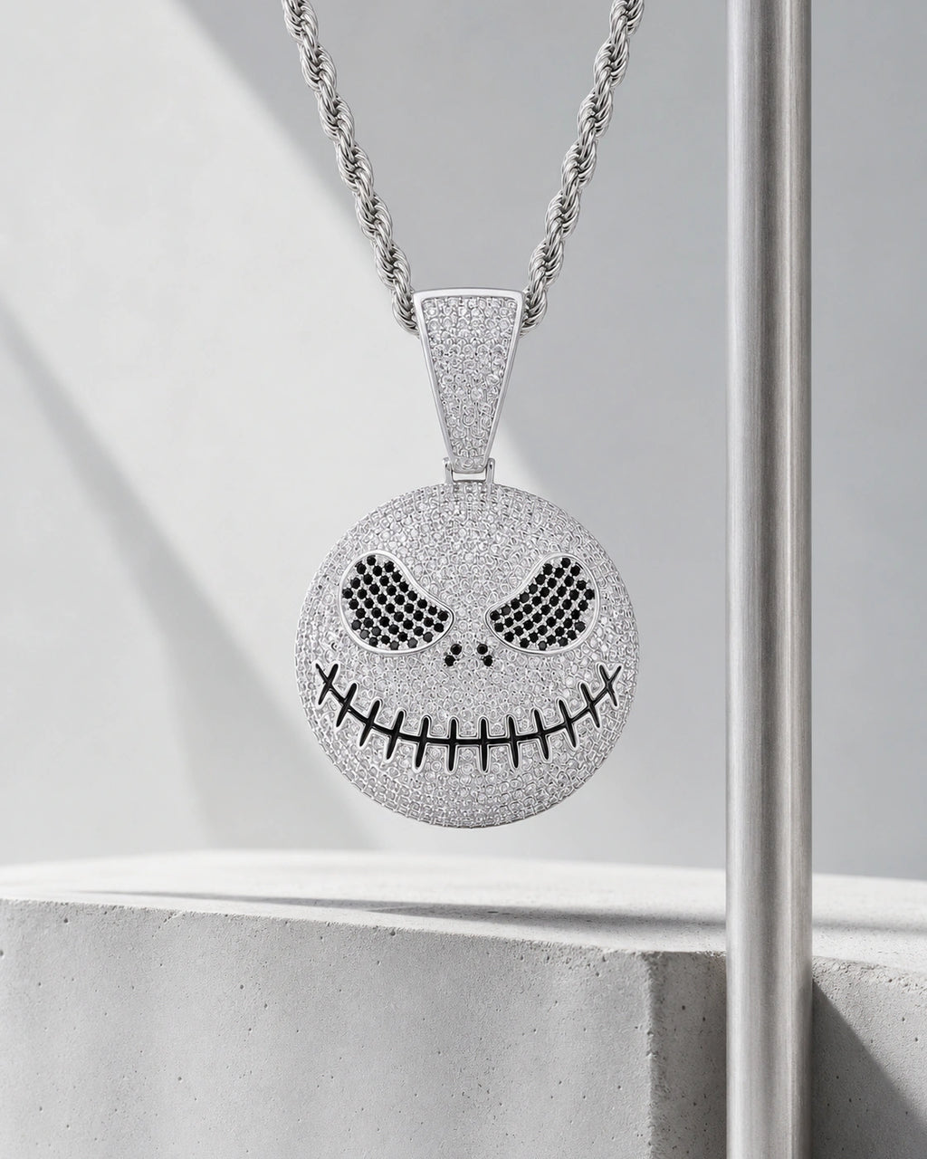 Iced CZ Stitched Grin Pendant Necklace