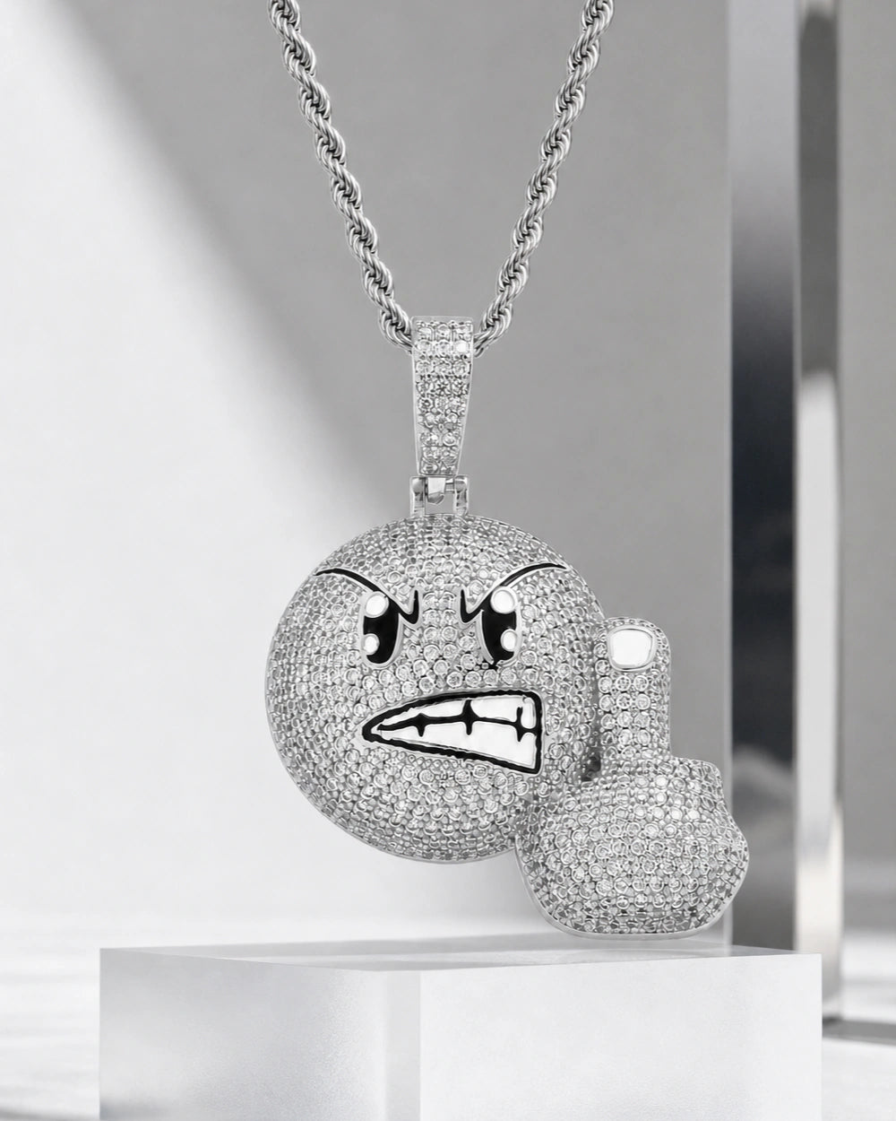 Iced CZ Pave Angry Face & Fist Pendant Necklace