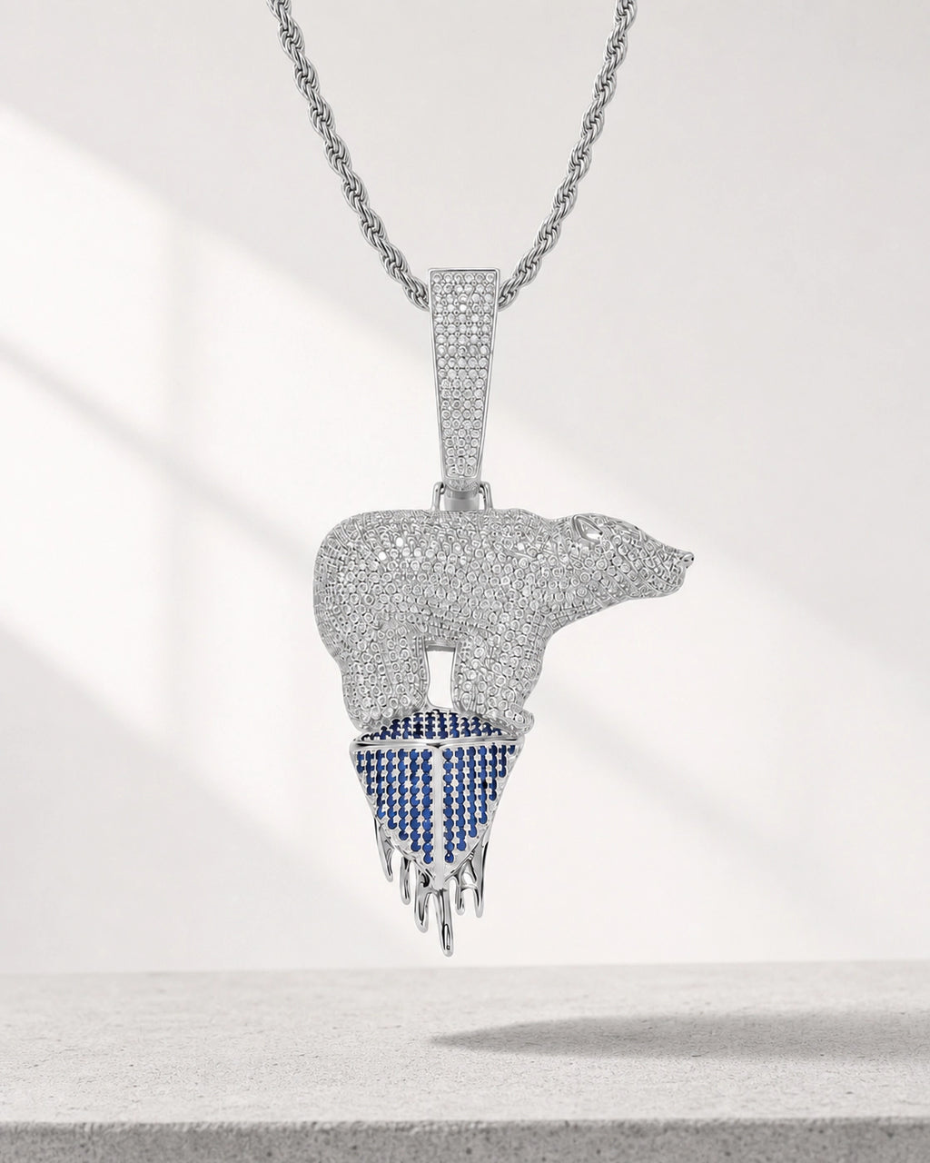 Iced CZ Polar Bear Melting Pendant Necklace
