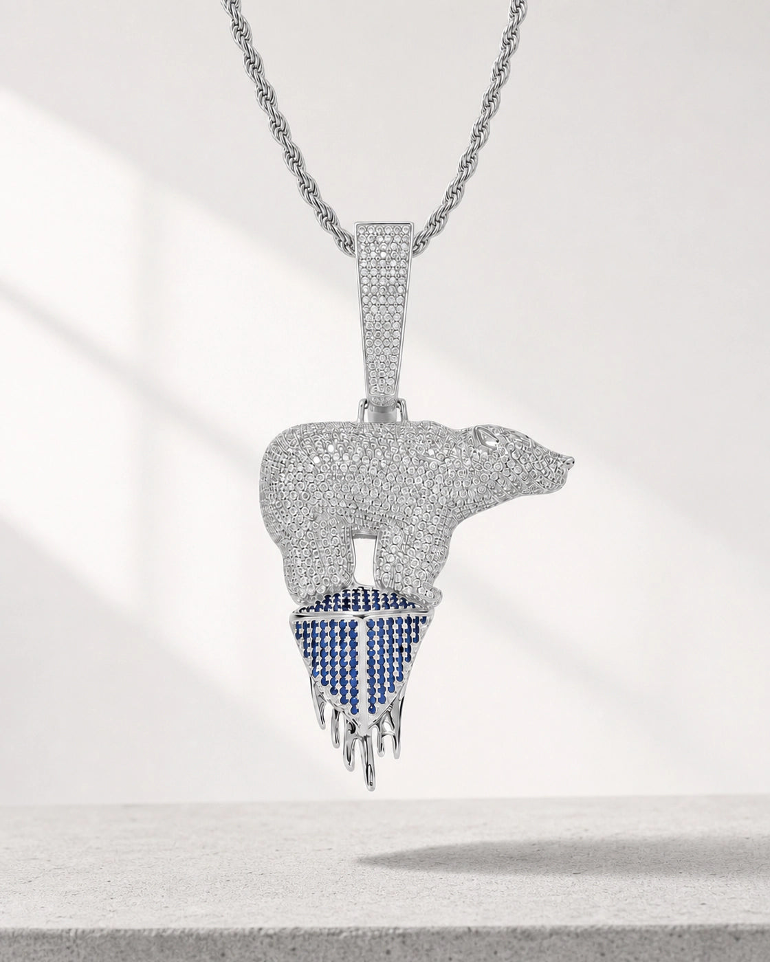 Iced CZ Polar Bear Melting Pendant Necklace