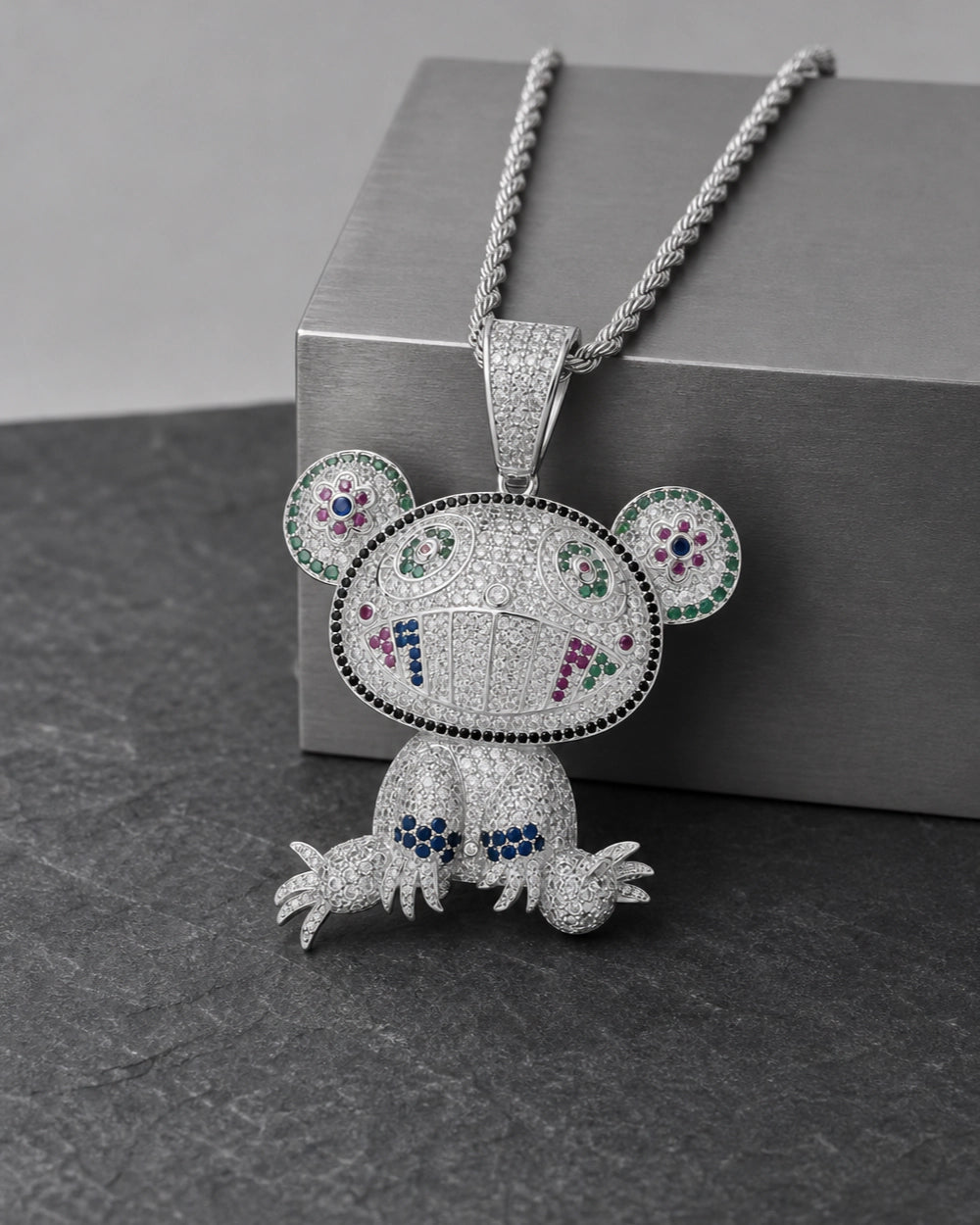 Iced CZ Grin Character Pendant Necklace