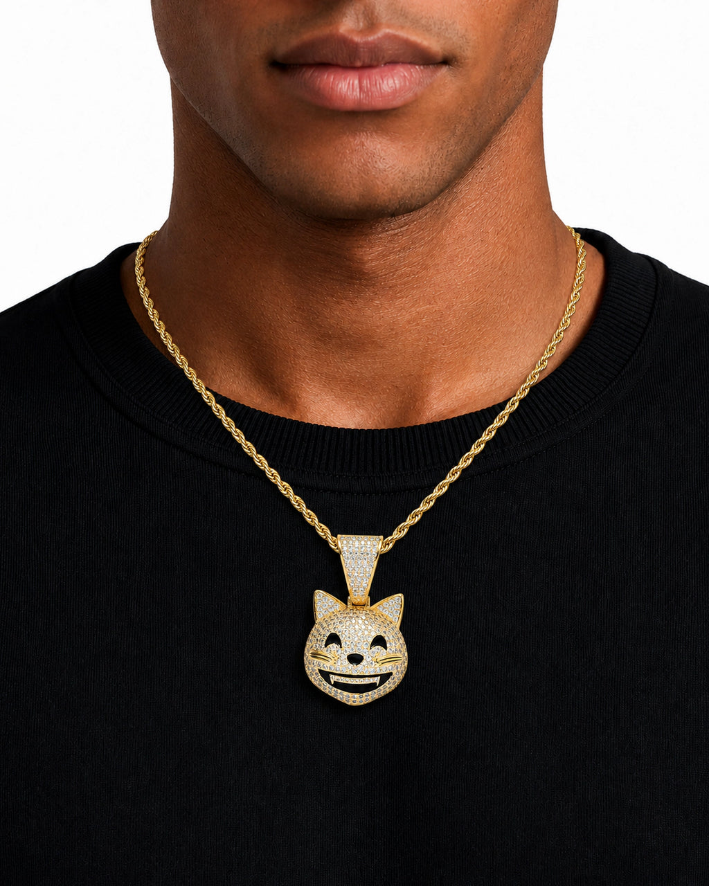 Iced CZ Grinning Cat Pendant Necklace