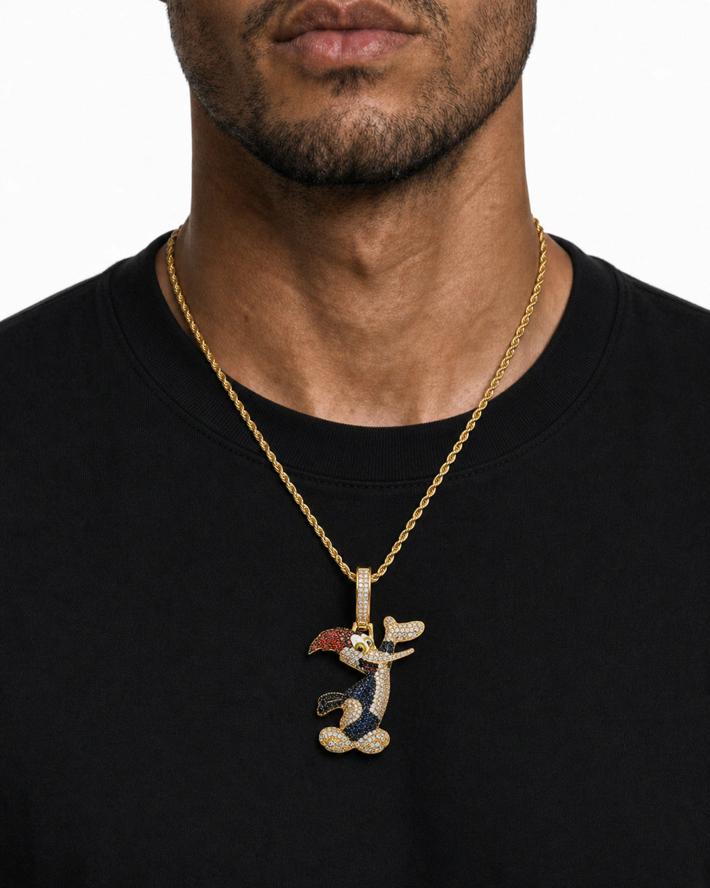 Iced CZ Cartoon Woodpecker Pendant Necklace