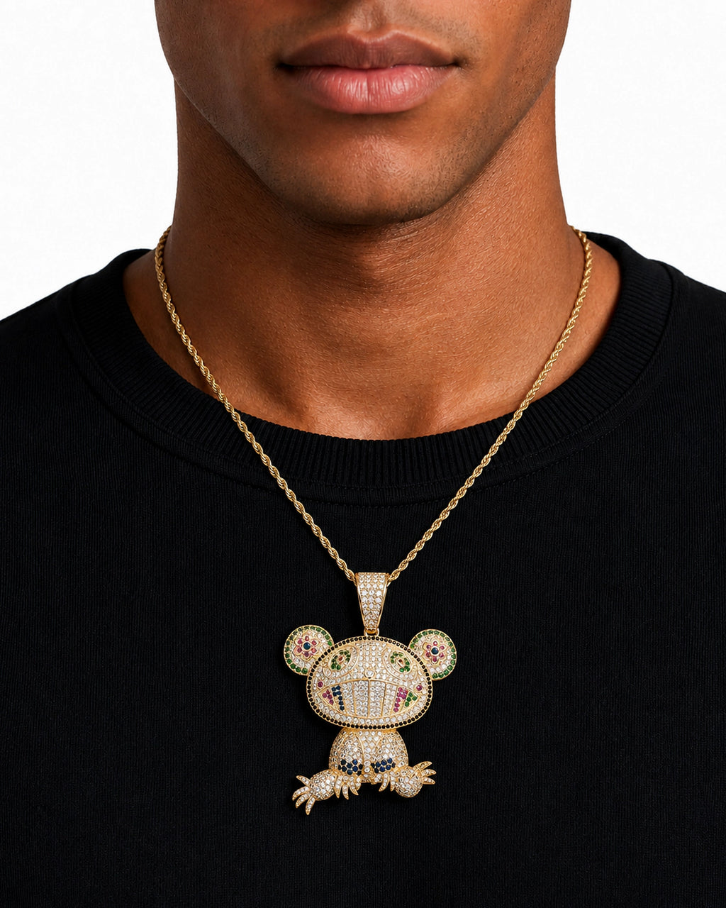 Iced CZ Grin Character Pendant Necklace