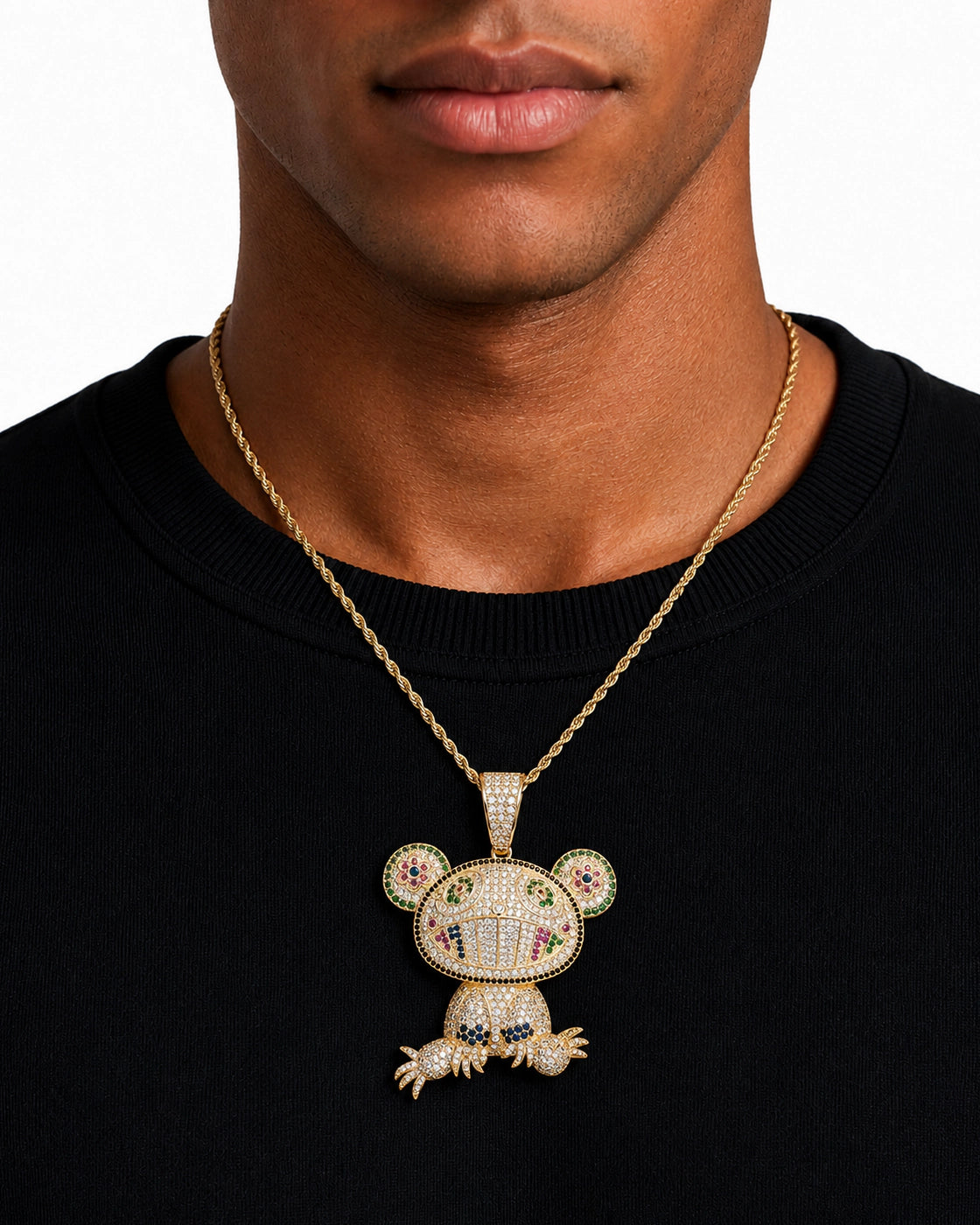 Iced CZ Grin Character Pendant Necklace