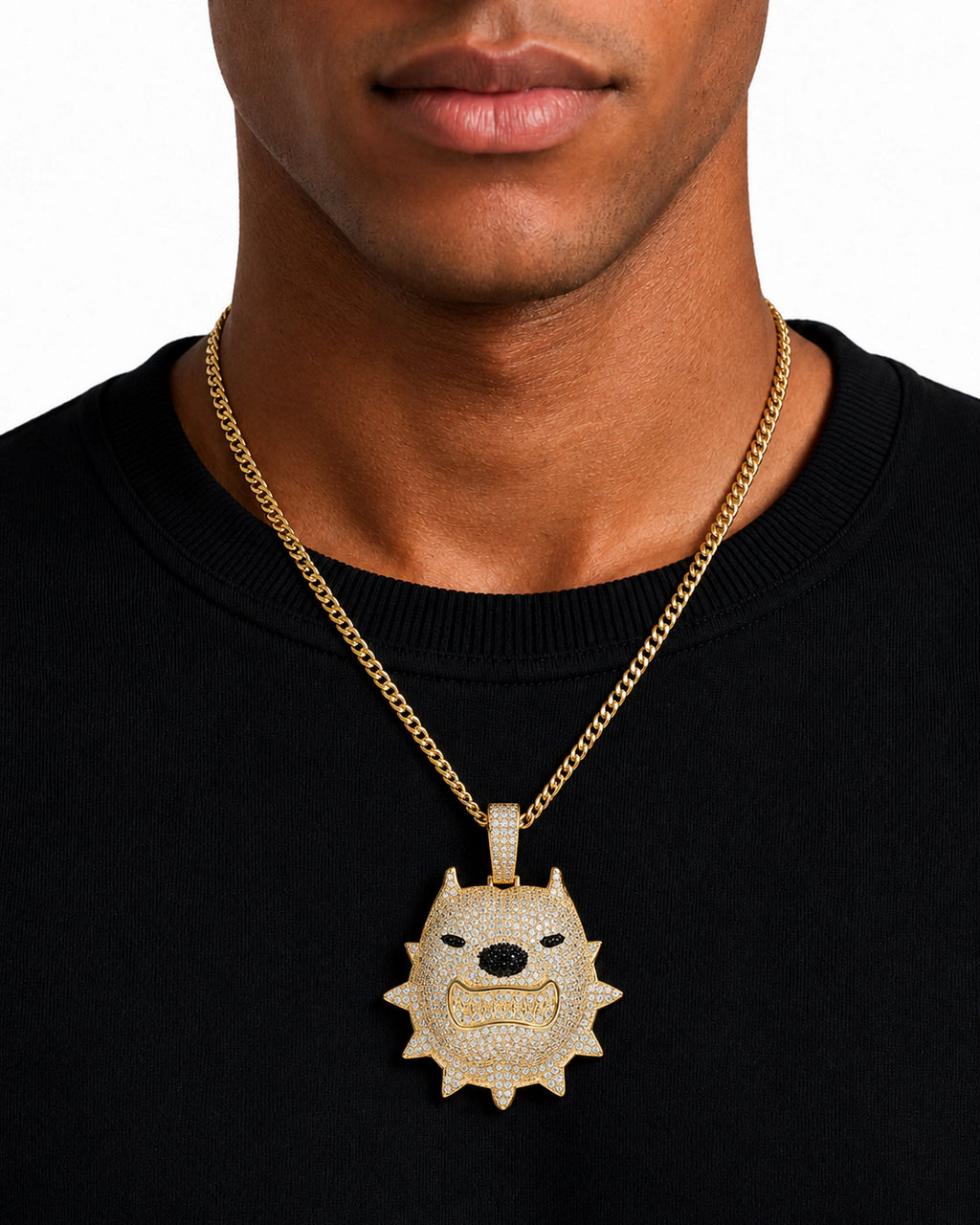 Iced CZ Spiked Bulldog Pendant Necklace