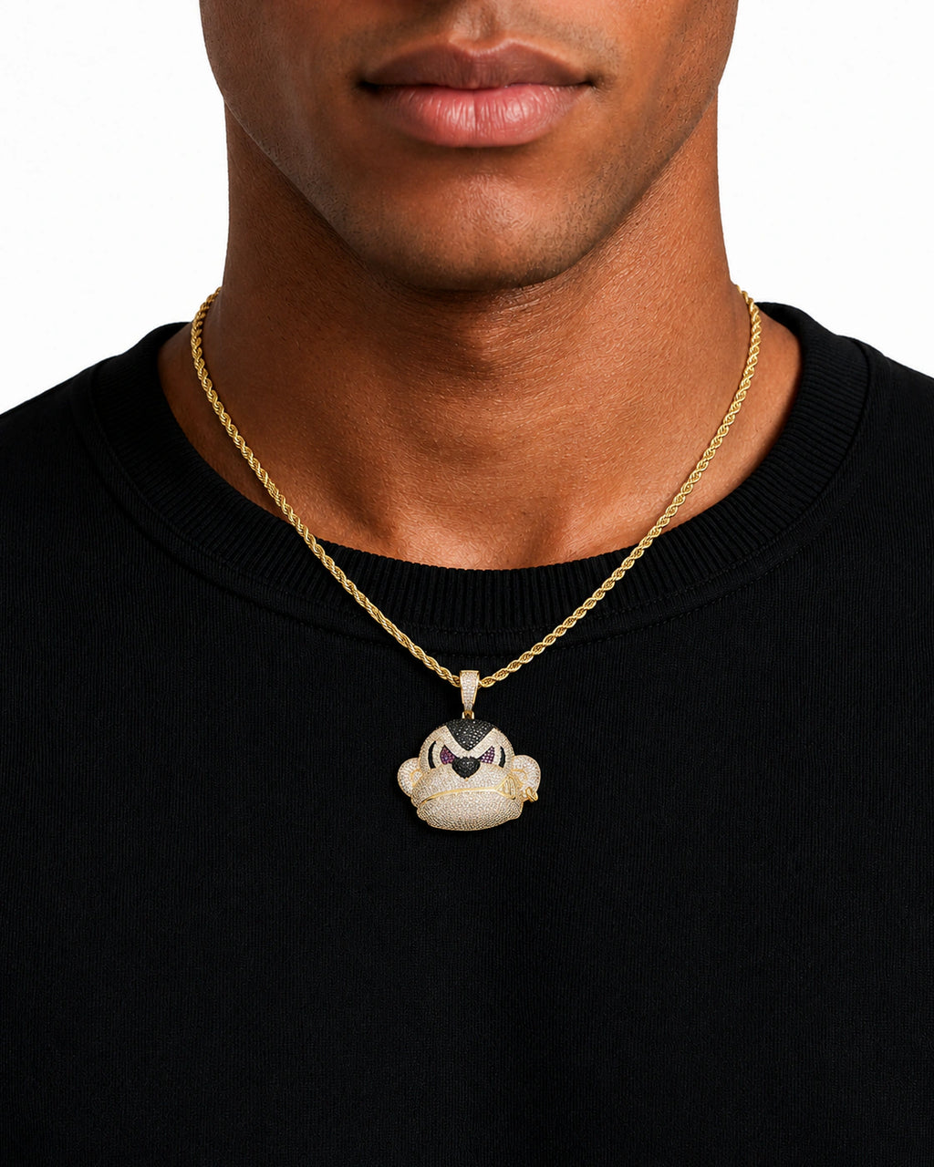 Iced CZ Scowling Cartoon Face Pendant Necklace