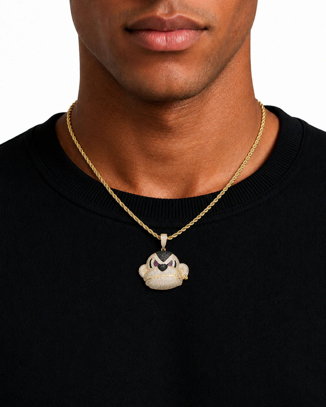 Iced CZ Scowling Cartoon Face Pendant Necklace
