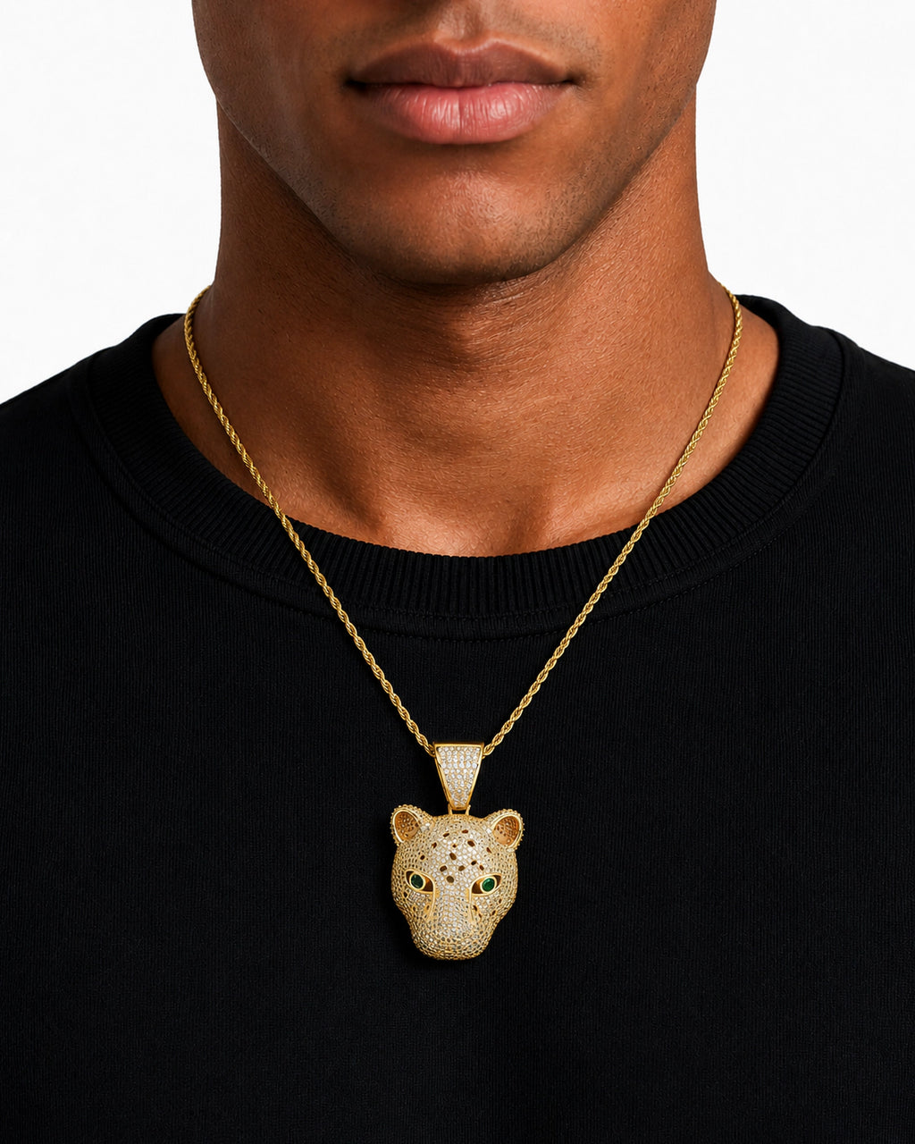 Iced CZ Stone-Set Leopard Head Pendant Necklace