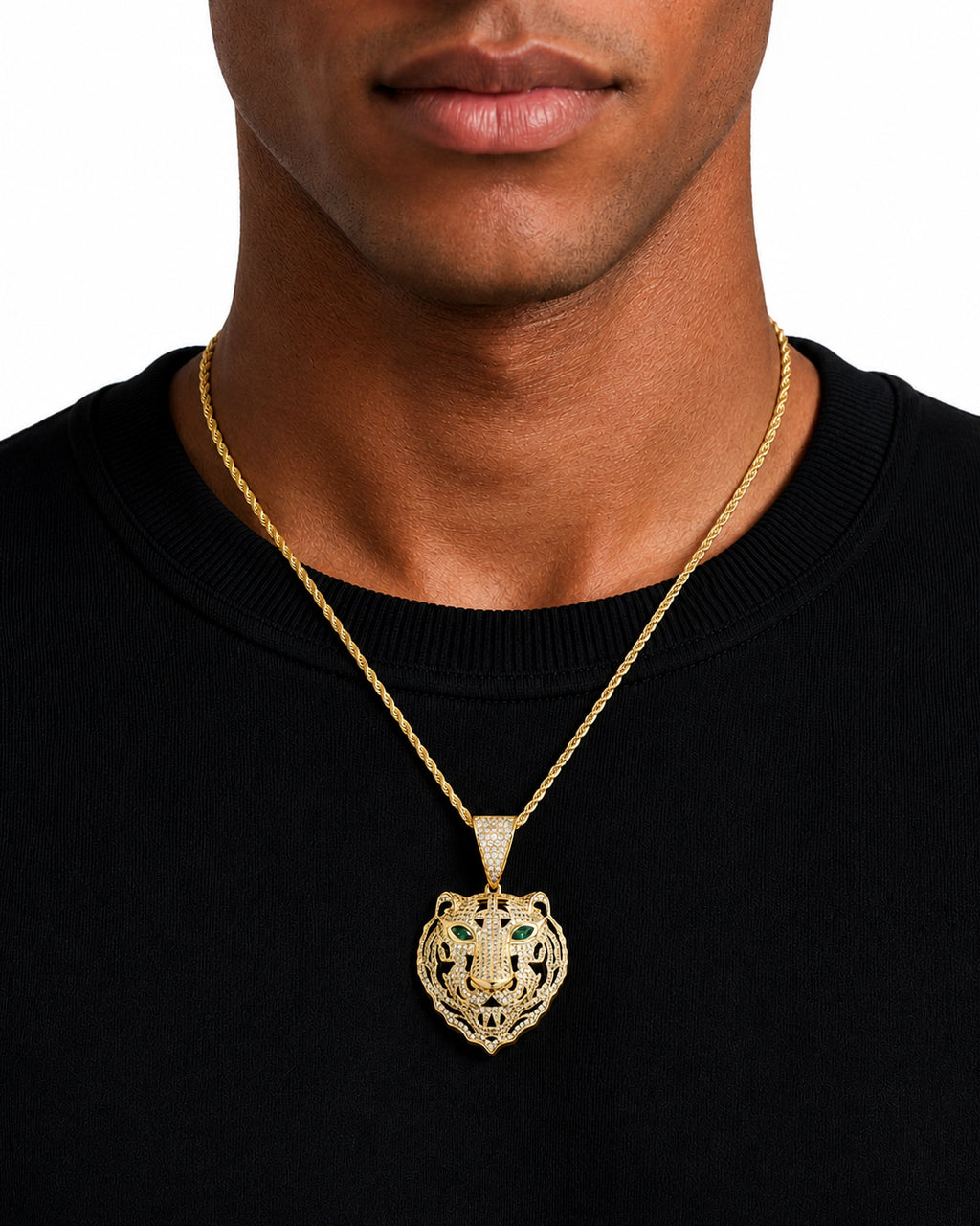 Iced CZ Tiger Head Pendant Necklace