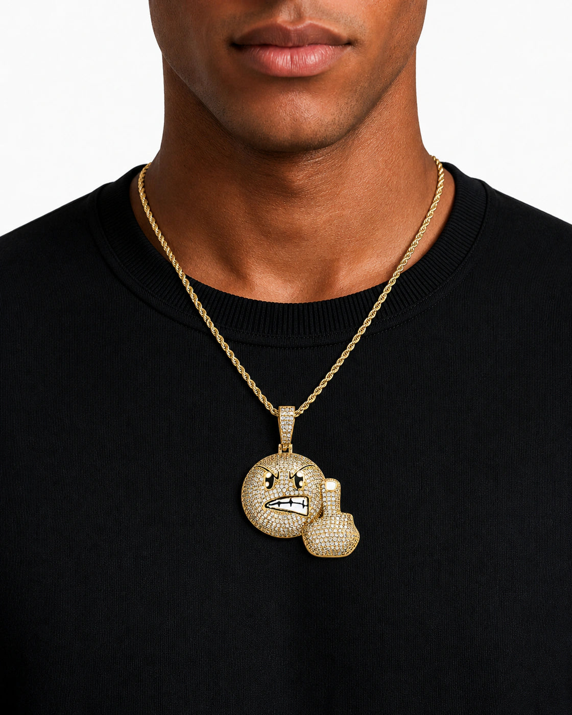 Iced CZ Pave Angry Face & Fist Pendant Necklace