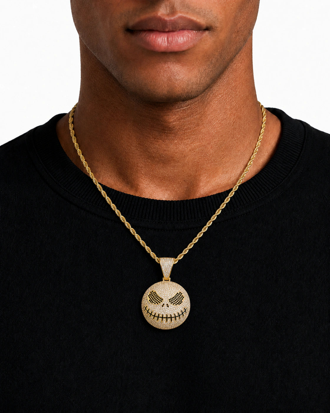Iced CZ Stitched Grin Pendant Necklace