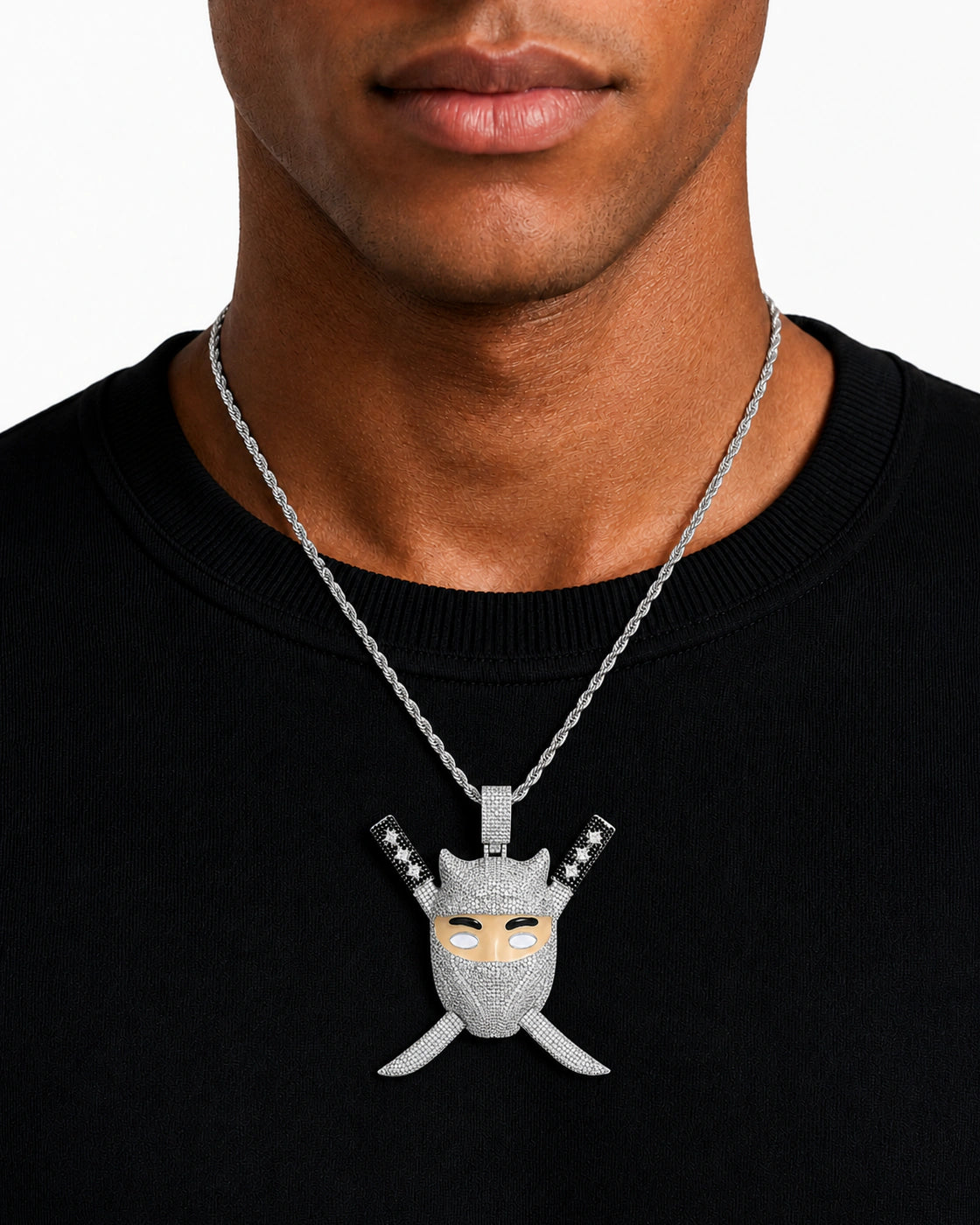 Iced CZ Ninja Mask Crossed-Blade Pendant Necklace