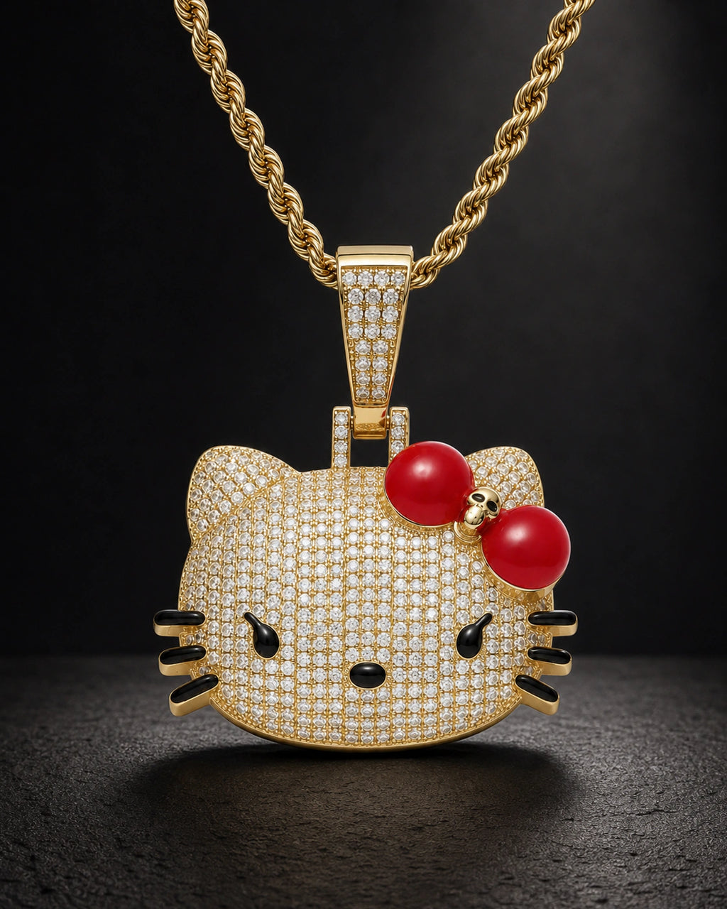 Iced CZ Pave Cat Face Red Bow Pendant Necklace