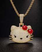 Iced CZ Pave Cat Face Red Bow Pendant Necklace