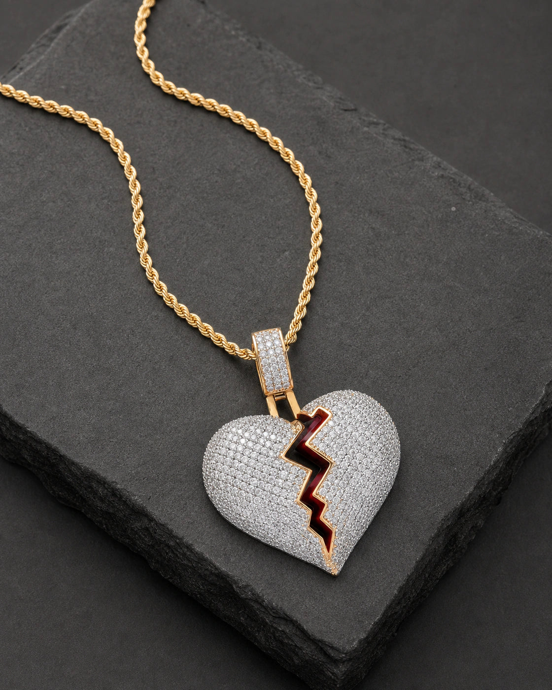 Iced CZ Cracked Heart Pendant Necklace