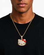 Iced CZ Pave Cat Face Red Bow Pendant Necklace