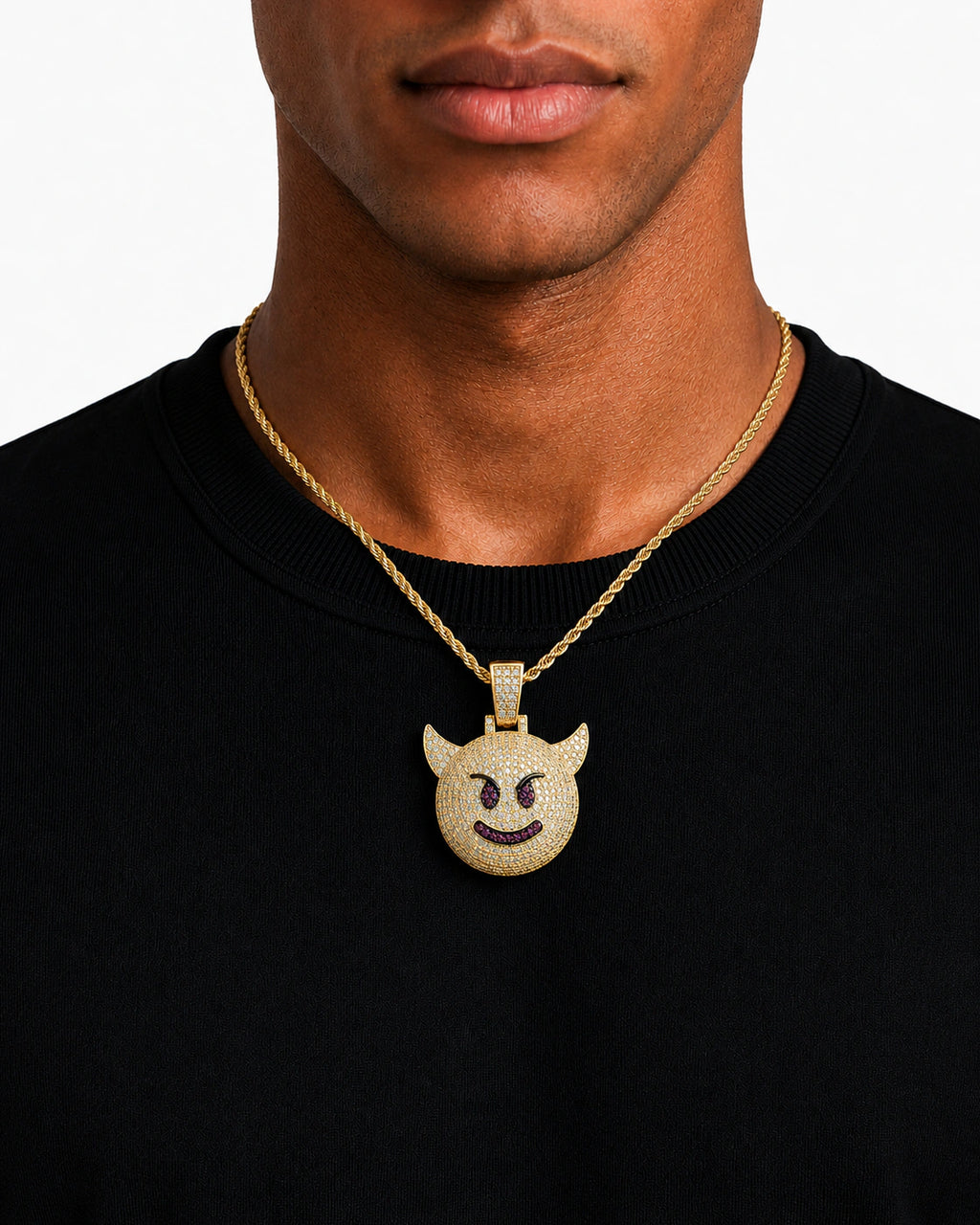 Iced CZ Horned Grin Pendant Necklace