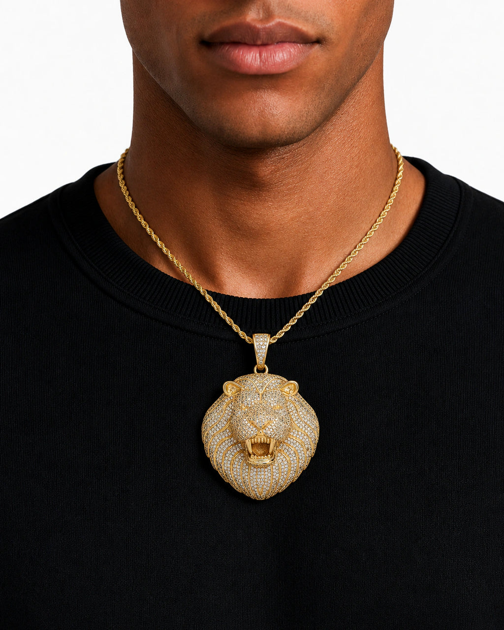 Iced CZ Roaring Lion Pendant Necklace