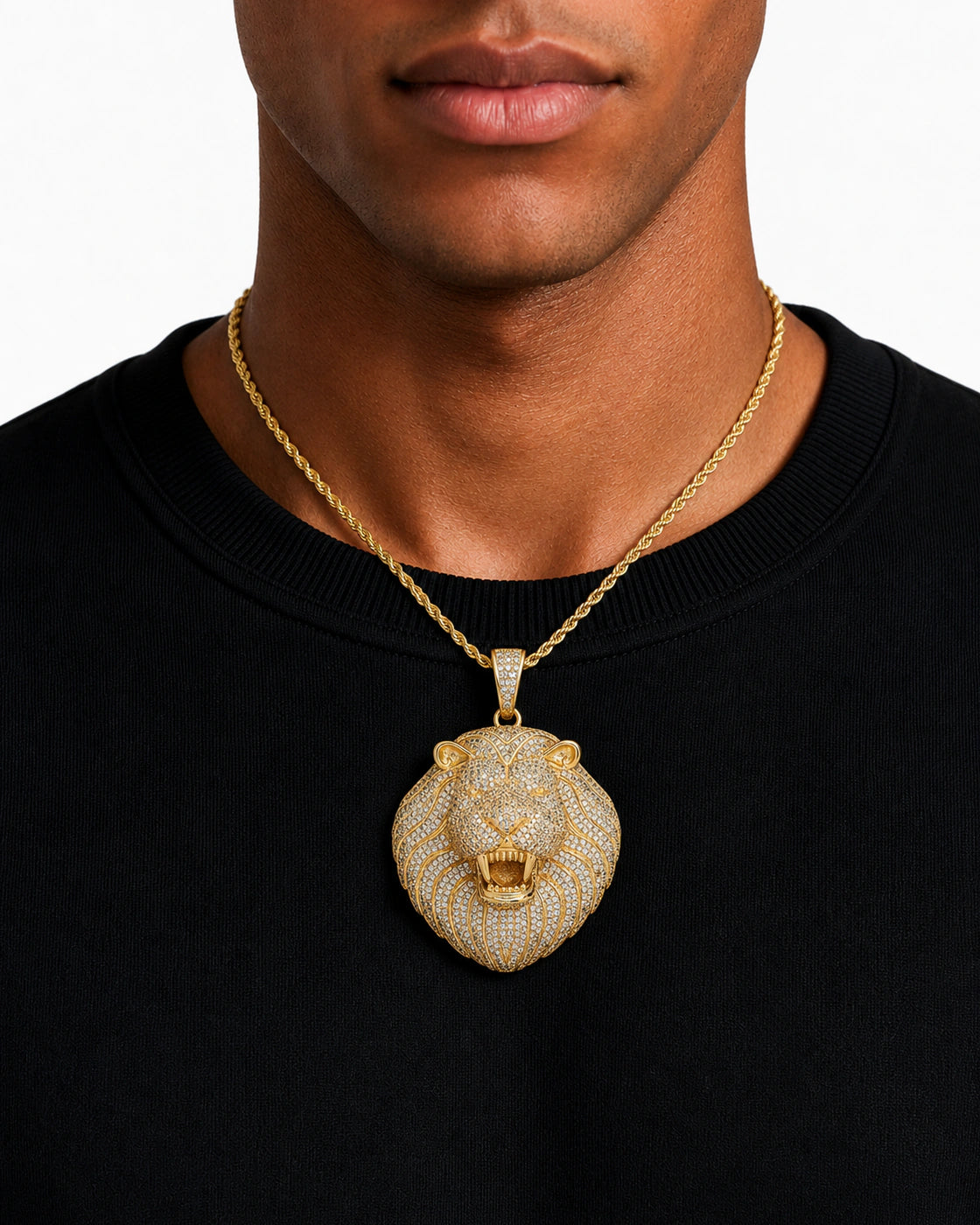Iced CZ Roaring Lion Pendant Necklace