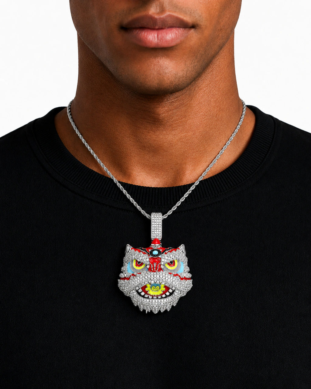 Iced CZ Lion Dance Head Pendant Necklace