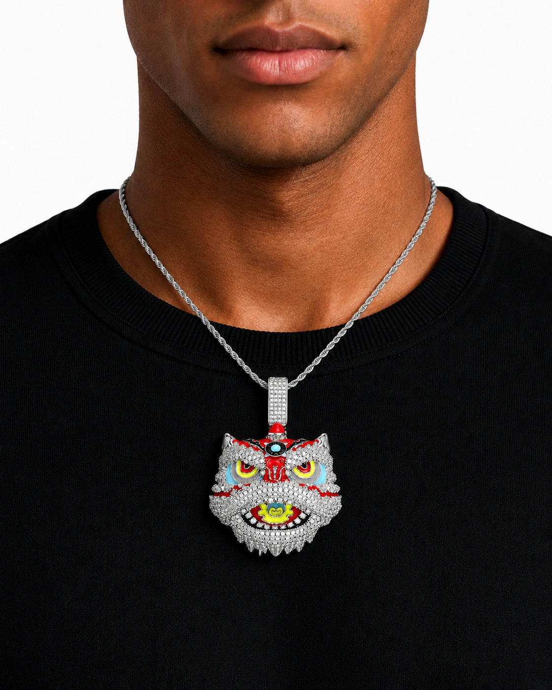 Iced CZ Lion Dance Head Pendant Necklace