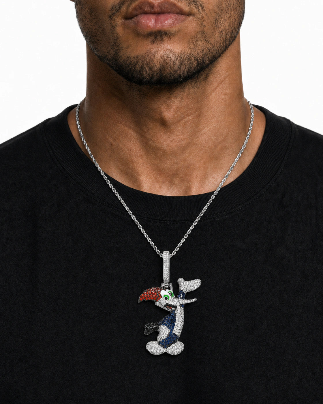 Iced CZ Cartoon Woodpecker Pendant Necklace