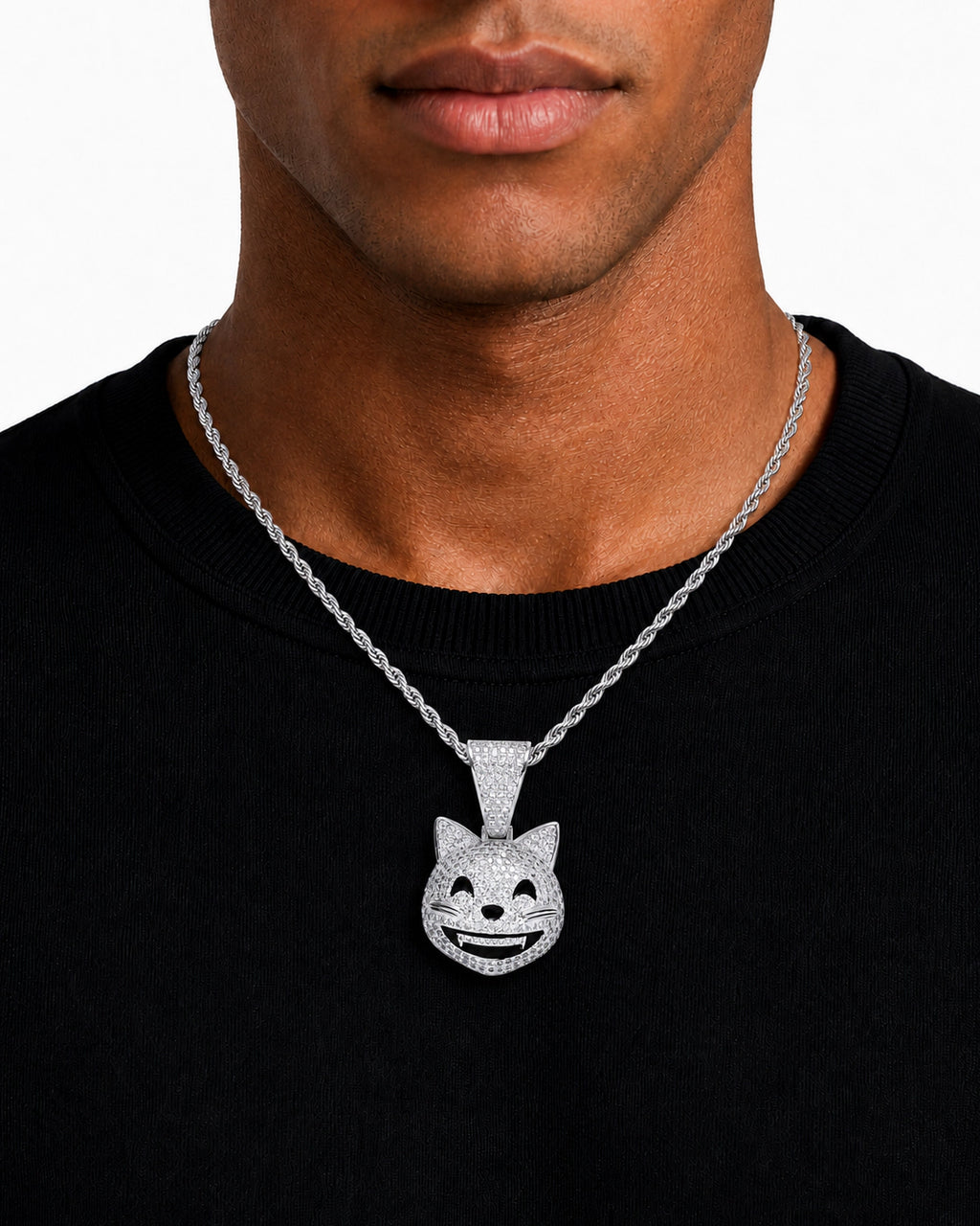 Iced CZ Grinning Cat Pendant Necklace
