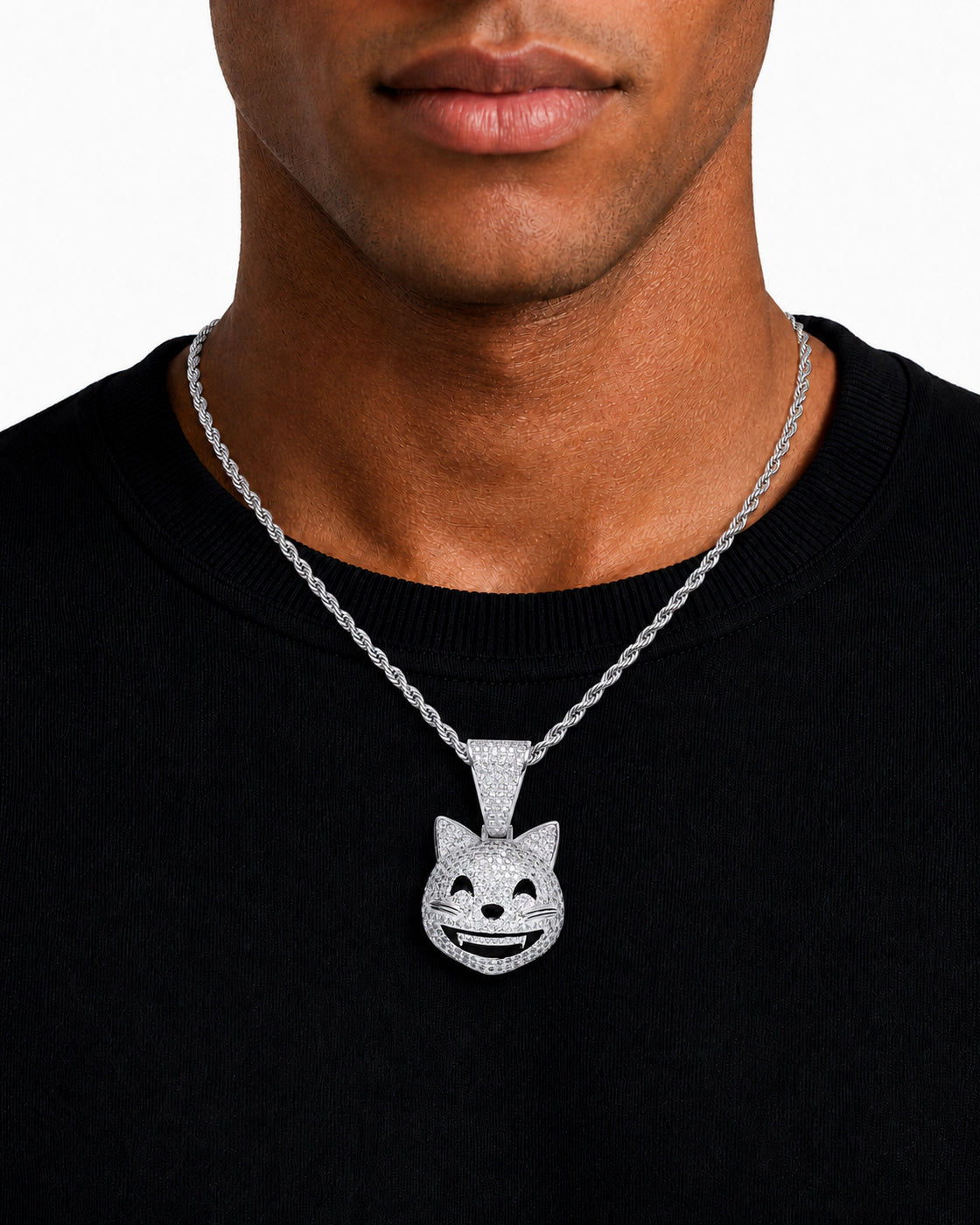 Iced CZ Grinning Cat Pendant Necklace