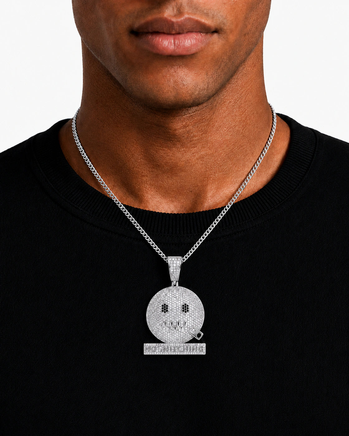 Iced CZ No Snitching Smiley Pendant Necklace