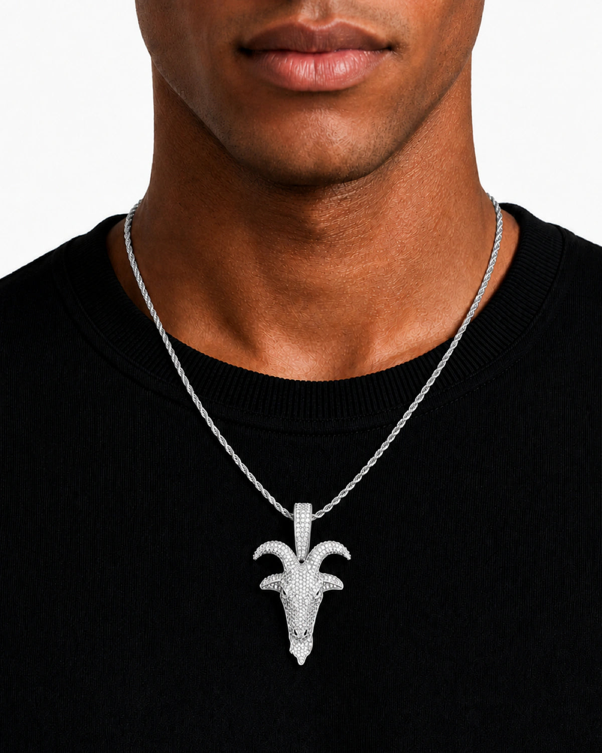 Iced CZ Pave Horned Goat-Head Pendant Necklace