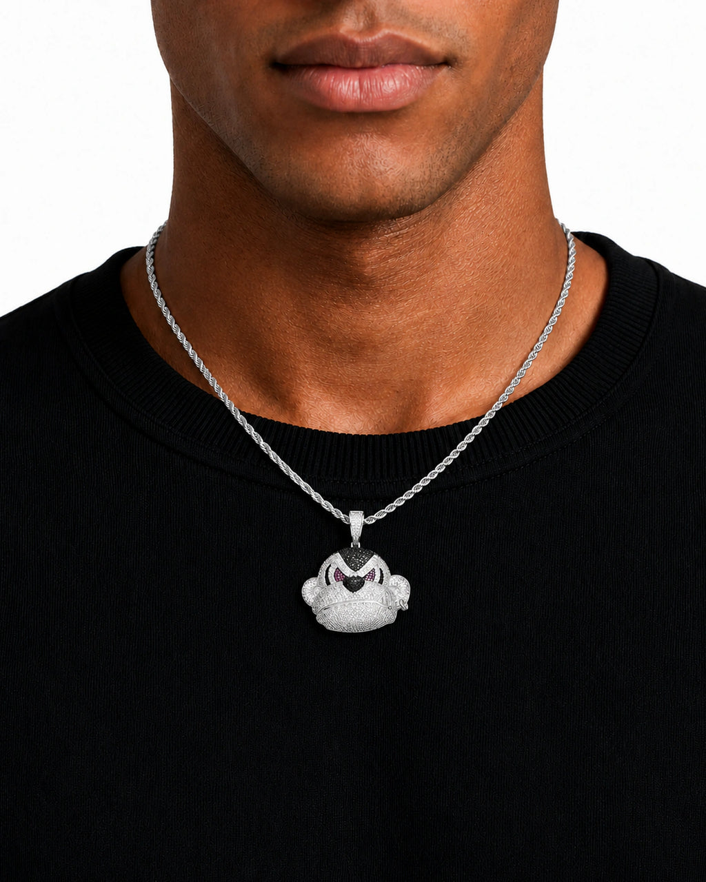 Iced CZ Scowling Cartoon Face Pendant Necklace