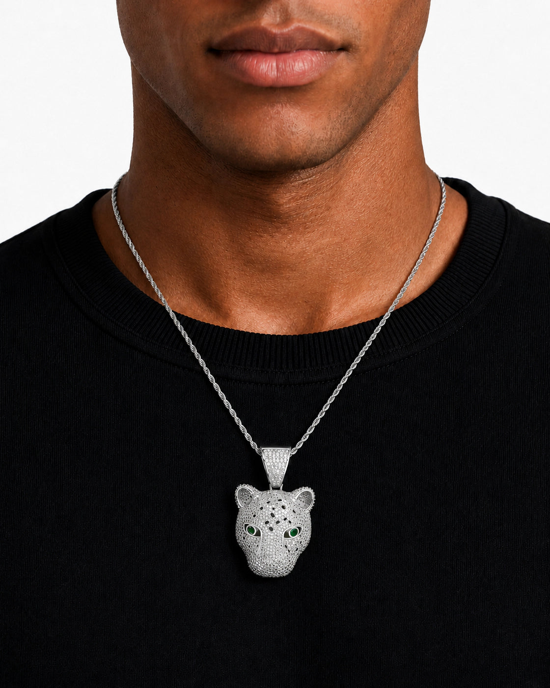 Iced CZ Stone-Set Leopard Head Pendant Necklace