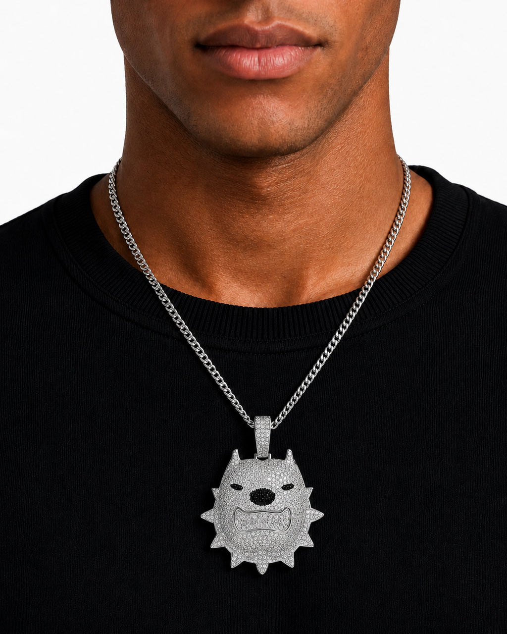 Iced CZ Spiked Bulldog Pendant Necklace