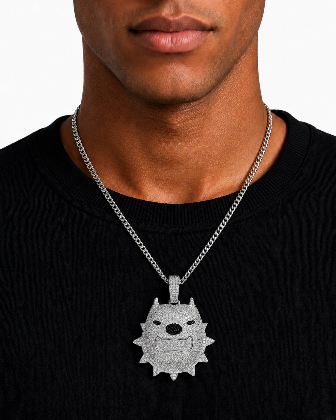 Iced CZ Spiked Bulldog Pendant Necklace