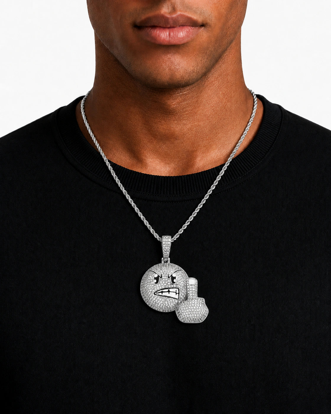 Iced CZ Pave Angry Face & Fist Pendant Necklace