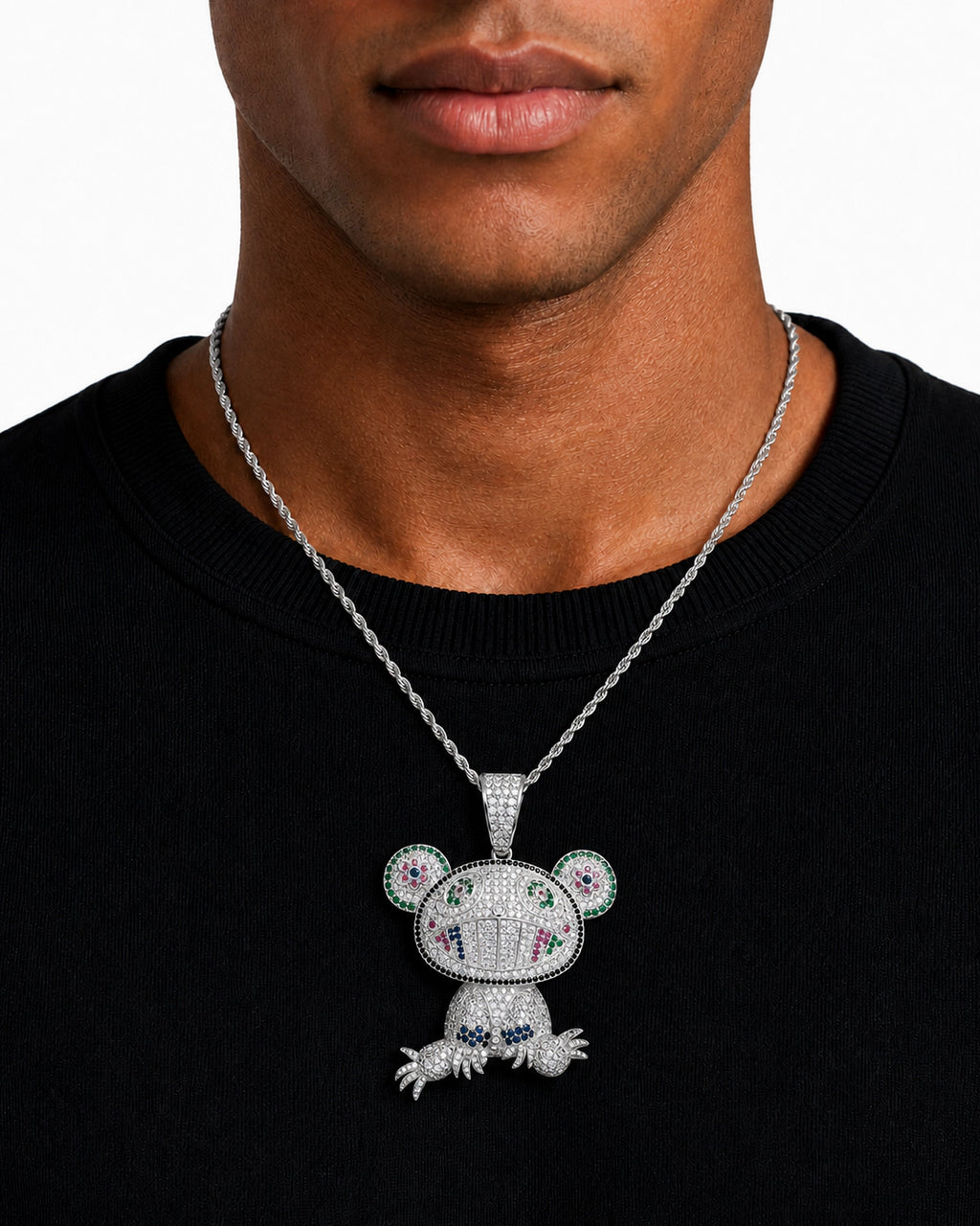 Iced CZ Grin Character Pendant Necklace